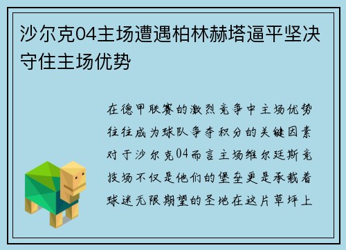沙尔克04主场遭遇柏林赫塔逼平坚决守住主场优势